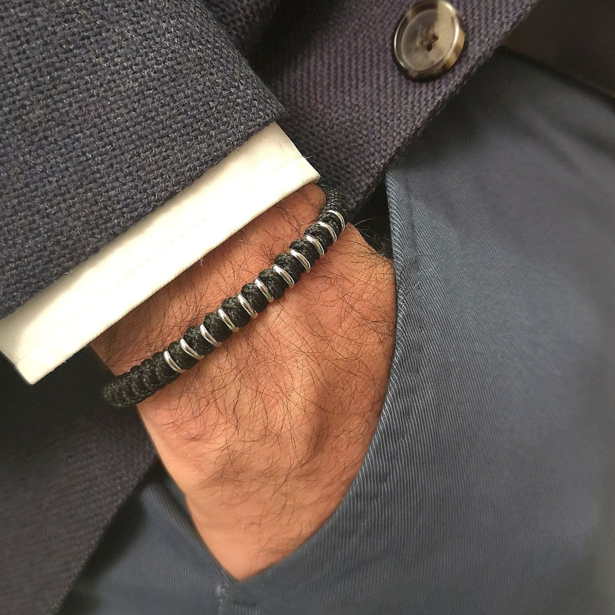 Bracelet Homme acier et cordon noir "RING BRACELET HOMME" Bracelet Homme en acier "Lysandor" Taille M