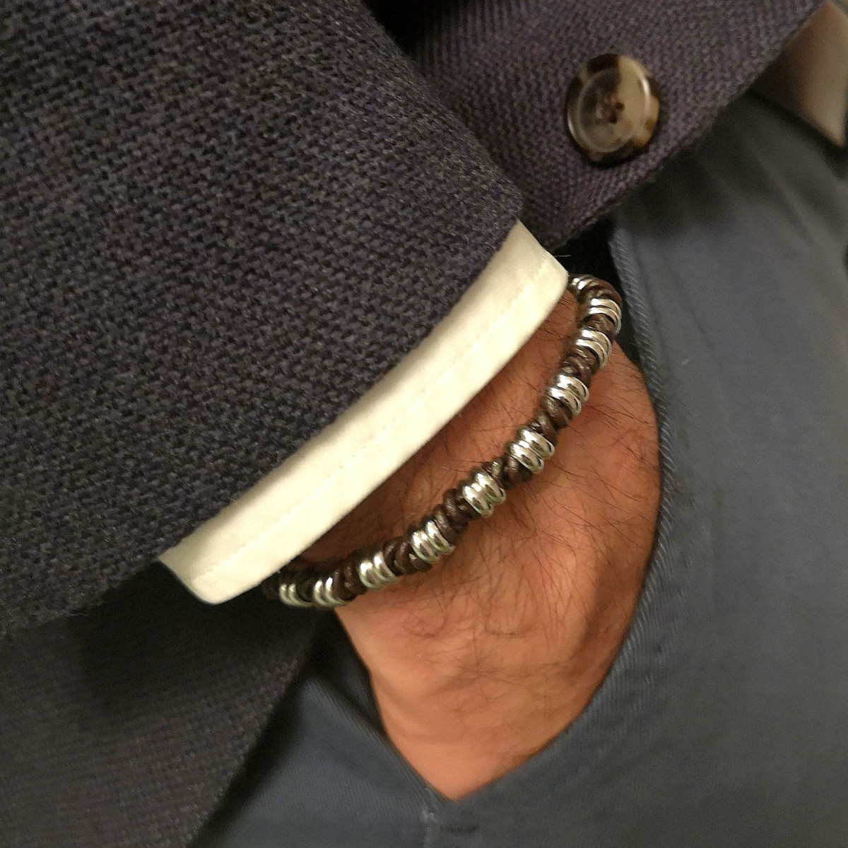 Bracelet Homme en cuir et acier marron "Elyas" Taille L