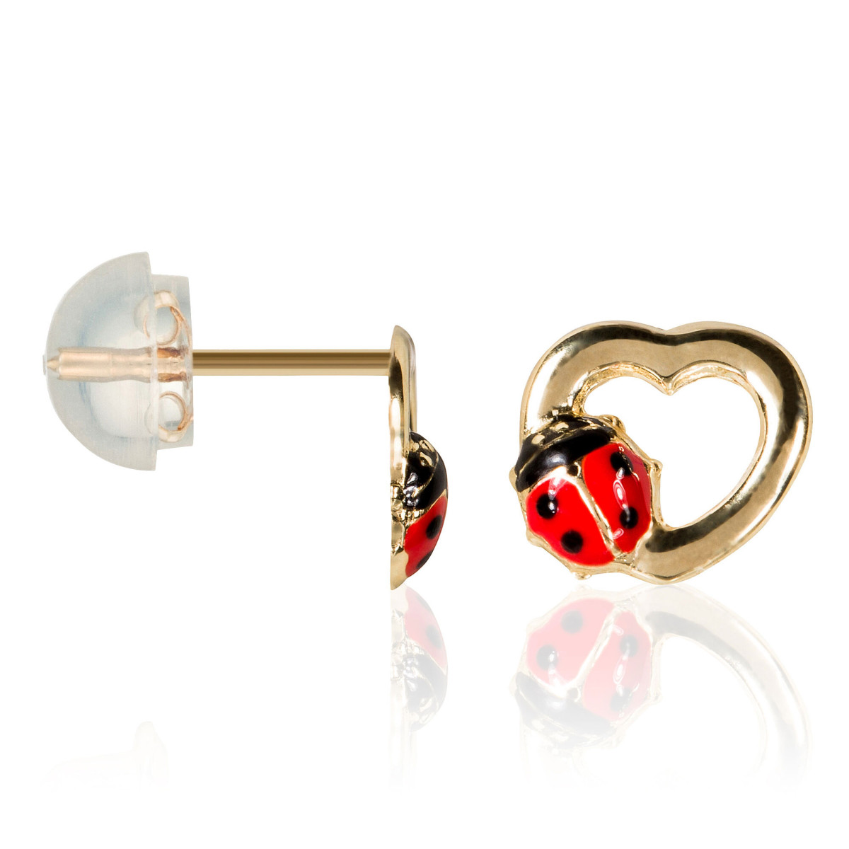 Boucles d'oreilles or jaune enfant "COCCINELLE AMOUREUSE" Boucles d'oreilles "Coeur Coccinelle" Or jaune