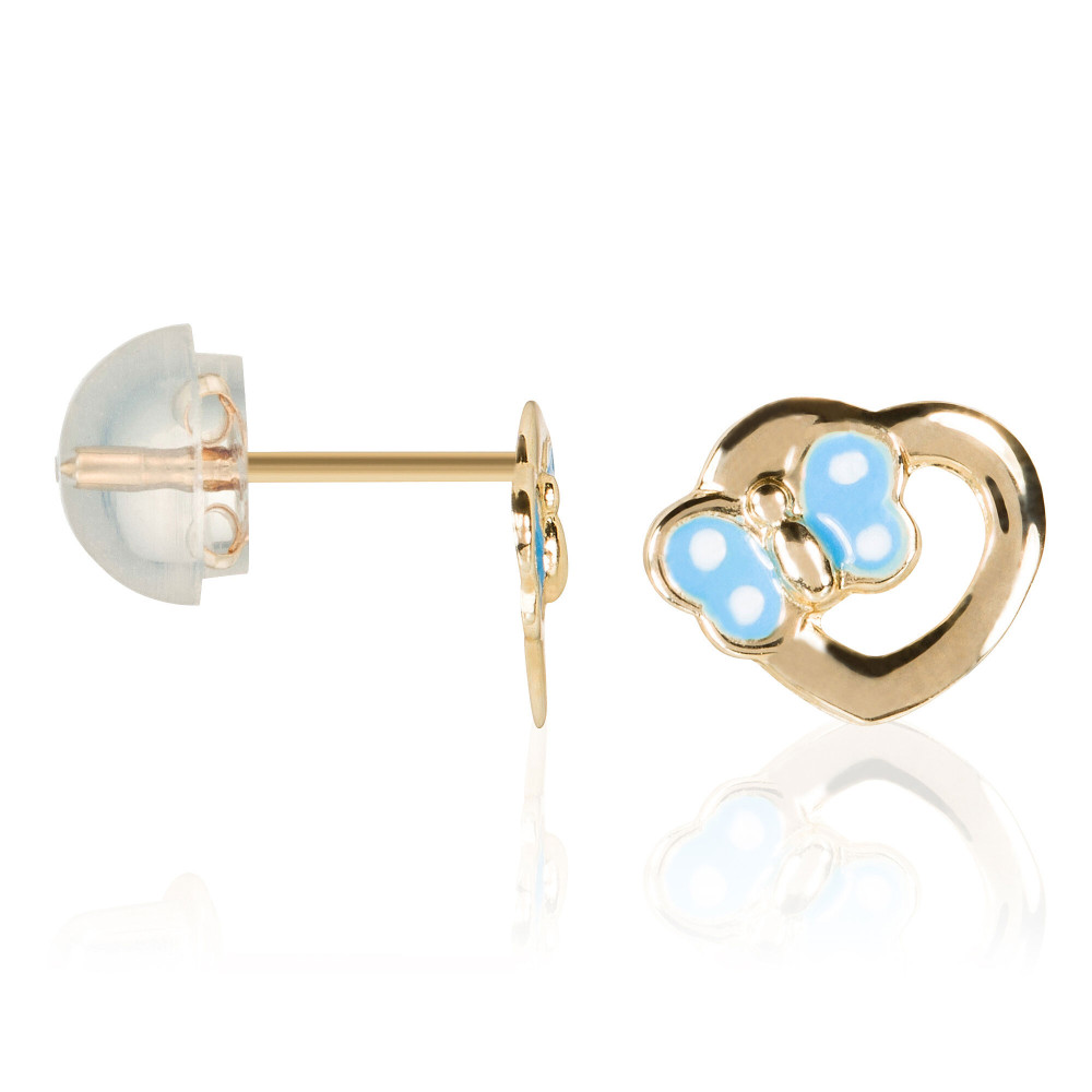 Boucles d'oreilles or jaune enfant "Petit cœur bleu"