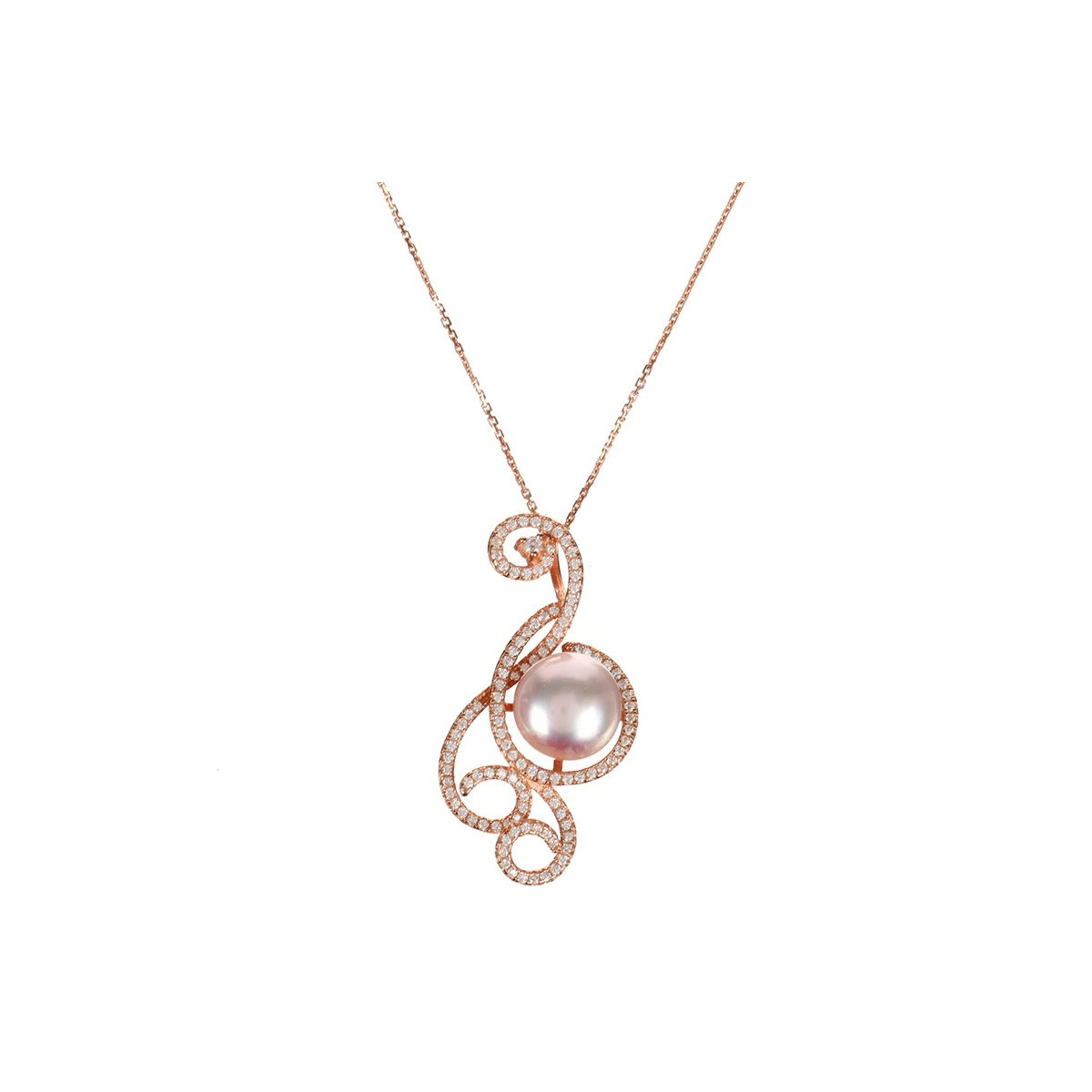 Pendentif vermeil rose, oxydes de zirconium et perle de culture Rose "Arabesque Orientale" + chaîne vermeil rose offerte