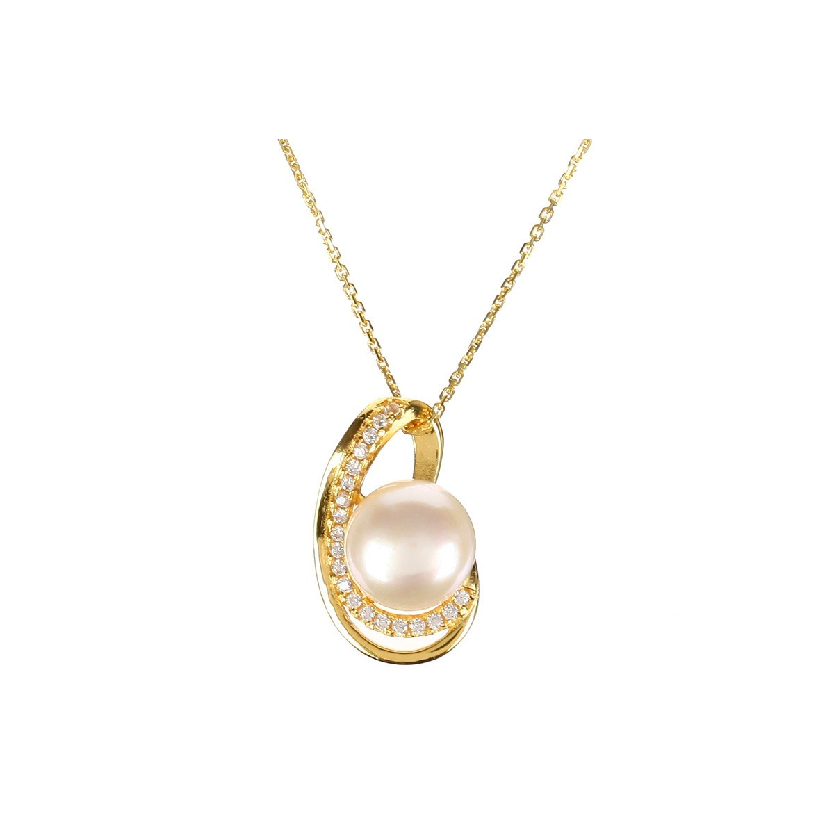 Pendentif vermeil jaune, oxydes de zirconium et perle de culture Blanche "Autour de moi" + chaîne vermeil jaune offerte