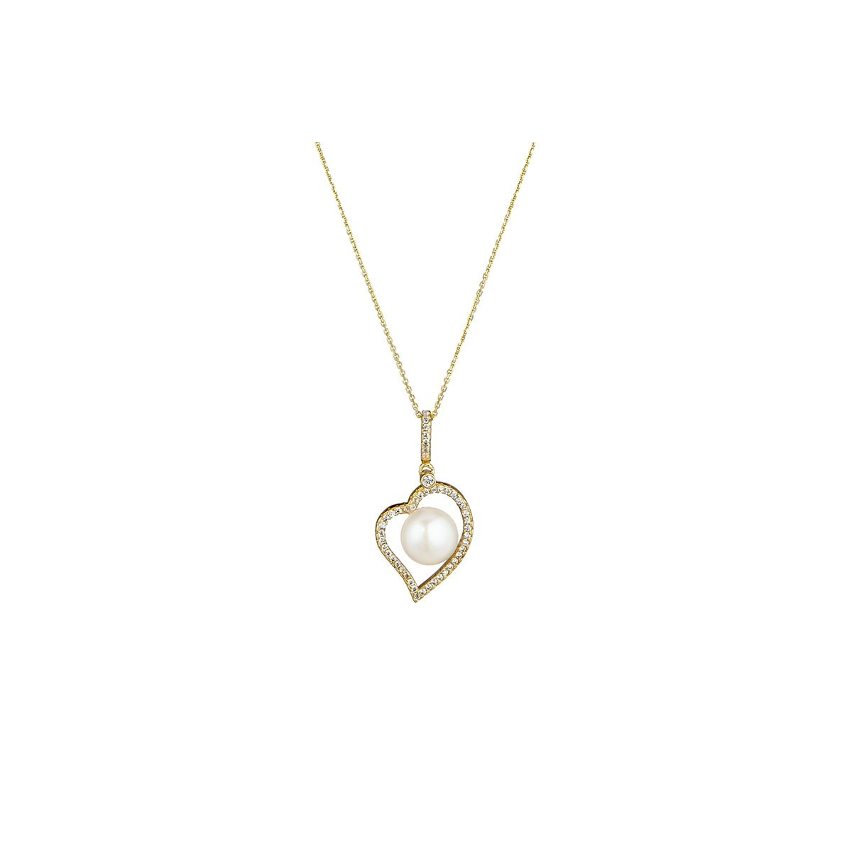 Pendentif vermeil jaune, oxydes de zirconium et perle de culture Blanche "C?ur de Perle" + chaîne vermeil jaune offerte