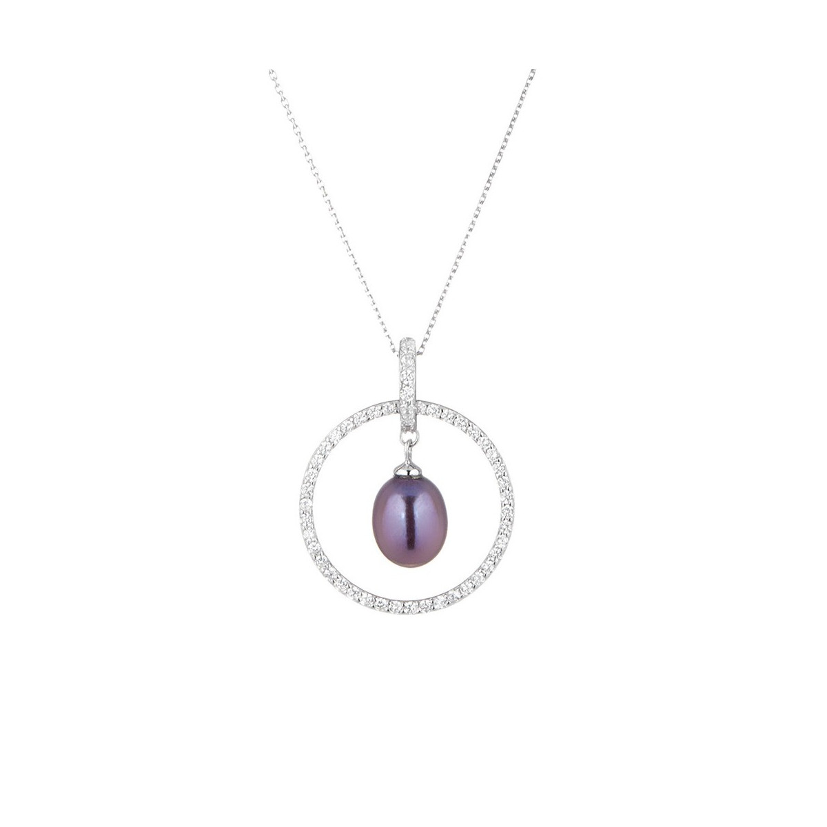Pendentif argent, zirconium et perle de culture noire "Cerceau de Perle Noire" + chaine argent offerte