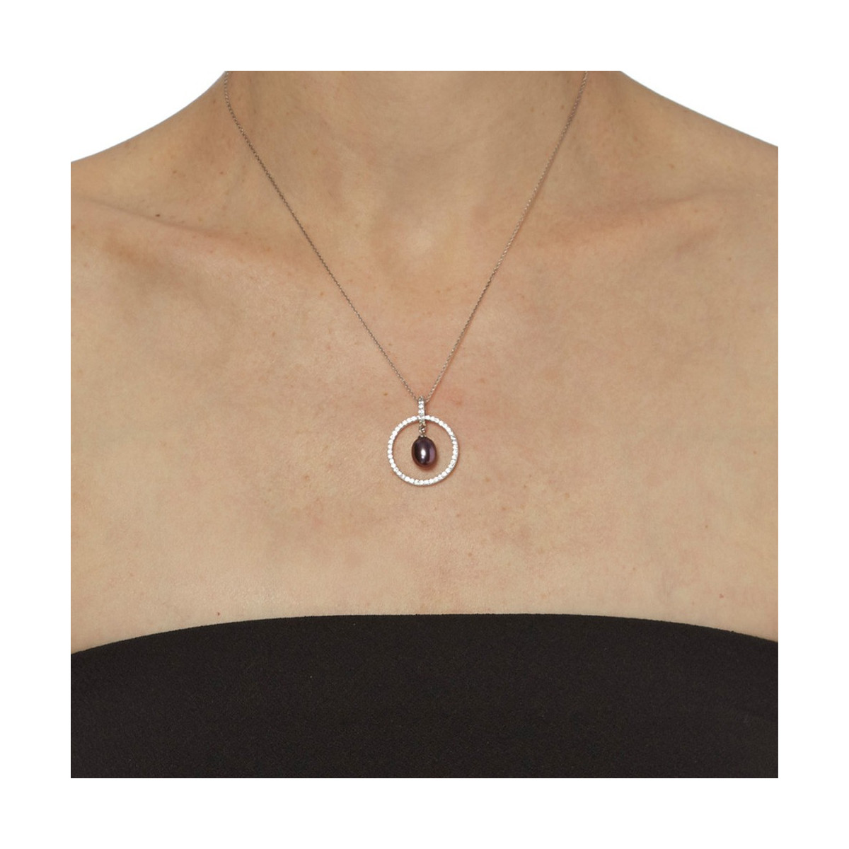 Pendentif argent, zirconium et perle de culture noire "Cerceau de Perle Noire" + chaine argent offerte