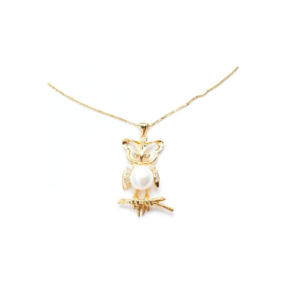 Pendentif vermeil jaune, oxydes de zirconium et perle de culture Blanche "Hiboux et sa Perle" + chaîne vermeil jaune offerte