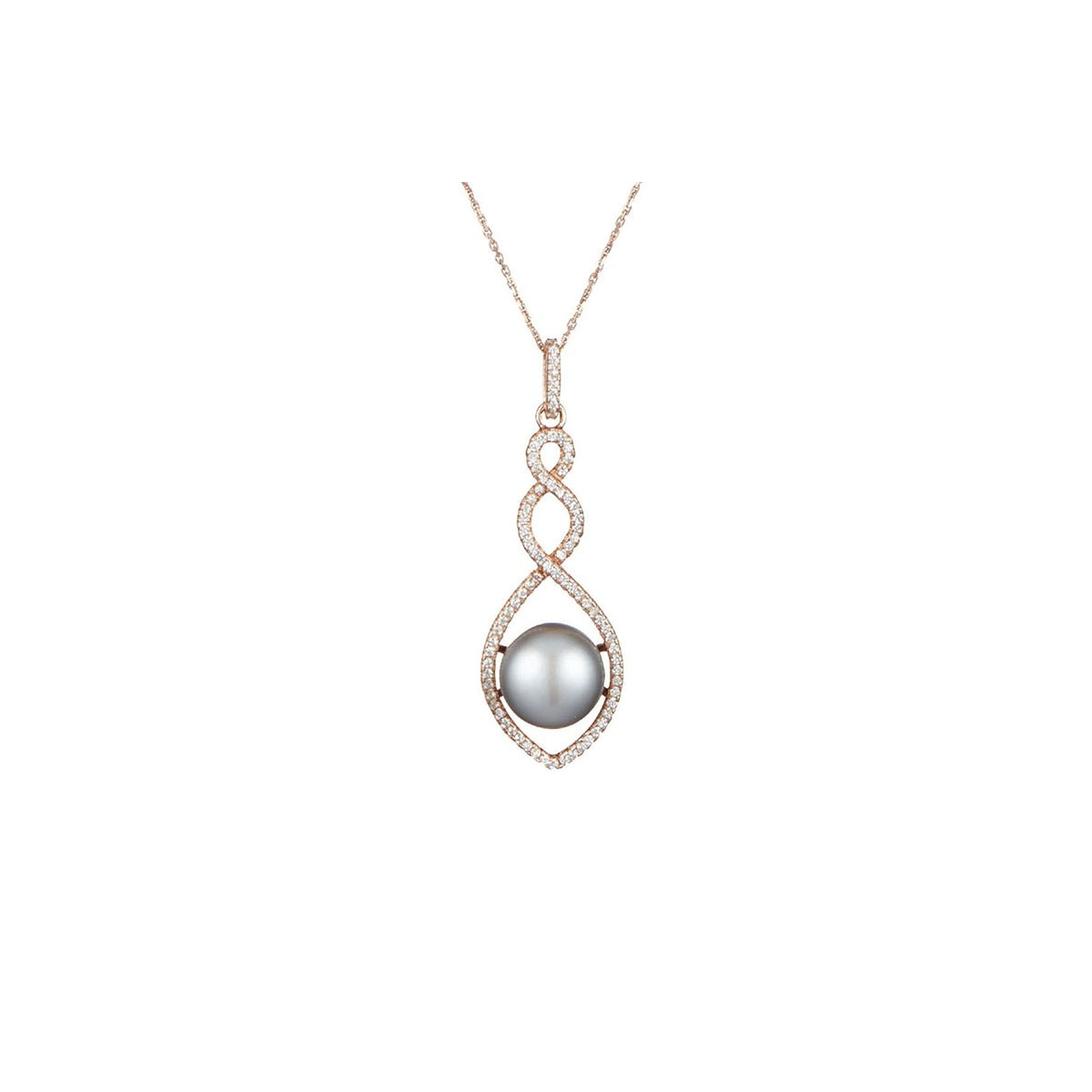 Pendentif vermeil rose, oxydes de zirconium et perle de culture Grise "Suprême" + chaîne vermeil rose offerte