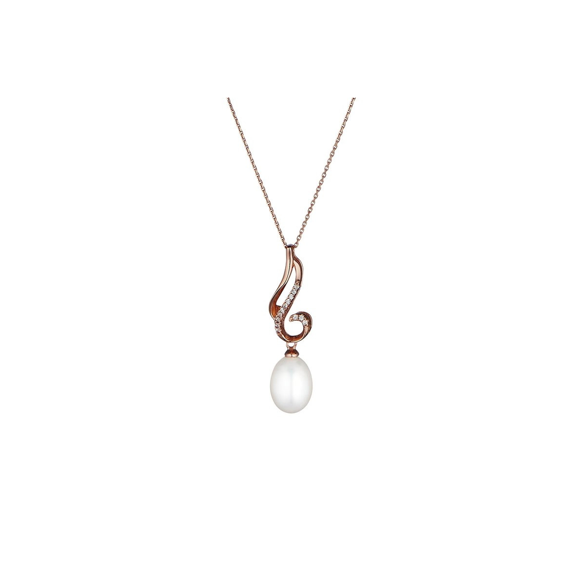 Pendentif vermeil rose, oxydes de zirconium et perle de culture Blanche "Virevolte" + chaîne vermeil rose offerte