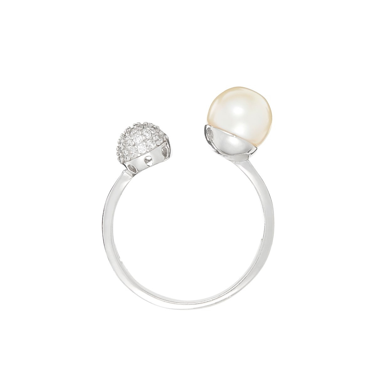 Bague argent, oxydes de zirconium et Perle de culture blanche "Double Ronds"