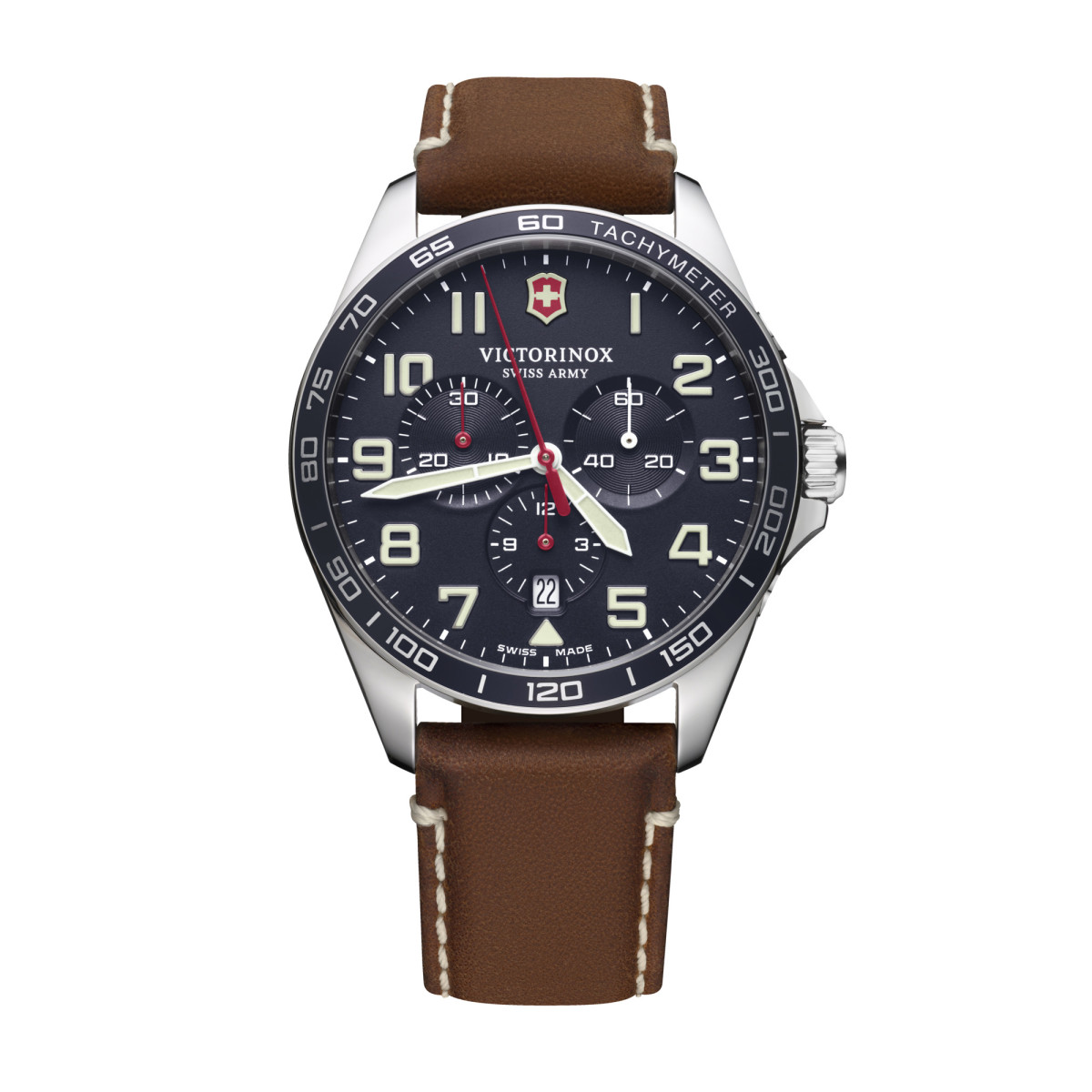 Montre Homme Victorinox FIELDFORCE Chronograph, boîtier acier inoxydable, bracelet cuir marron Montre Homme Victorinox FIELDFORCE Chronograph, cadran bleu, bracelet cuir marron - 42 mm