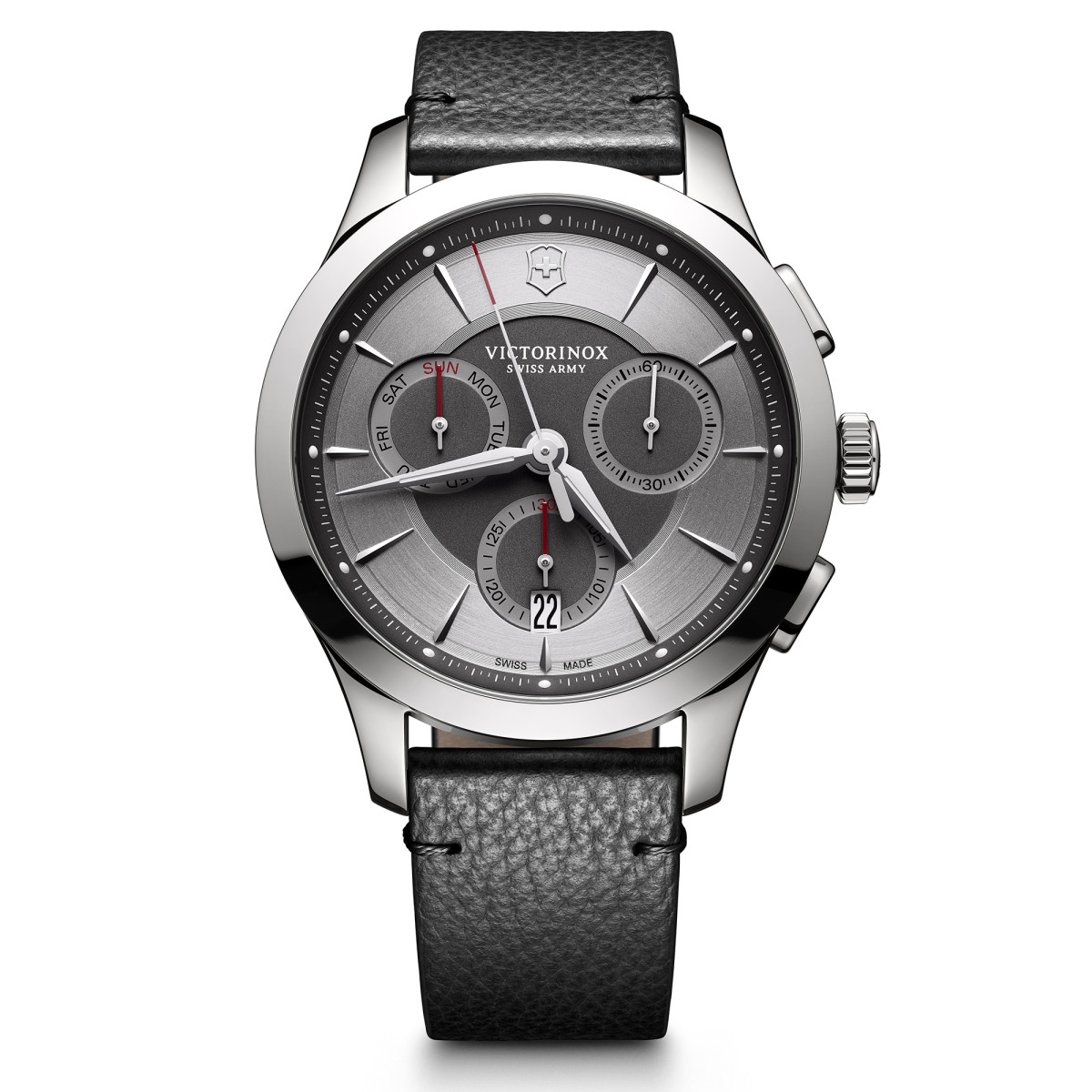 Montre Homme Victorinox ALLIANCE Chronograph, grey dial, black leather strap - 44 mm Montre Homme Victorinox ALLIANCE Chronograph, cadran gris, bracelet cuir noir - 44 mm
