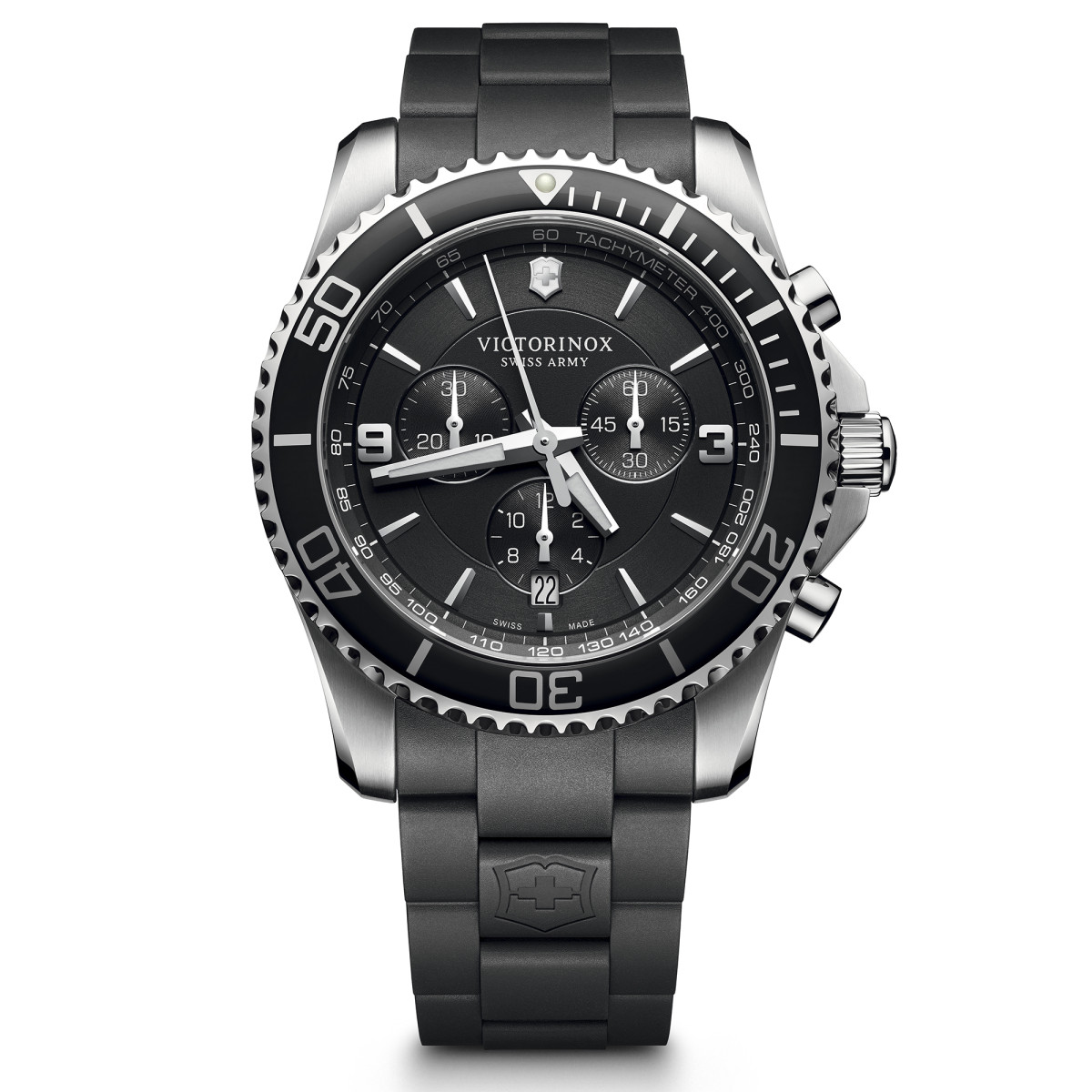 Montre Homme Victorinox MAVERICK Chronograph, black bezel, black dial black rubber strap - 43 mm Montre Homme Victorinox MAVERICK Chronograph, lunette noire, cadran noir, bracelet caoutchouc noir - 43 mm