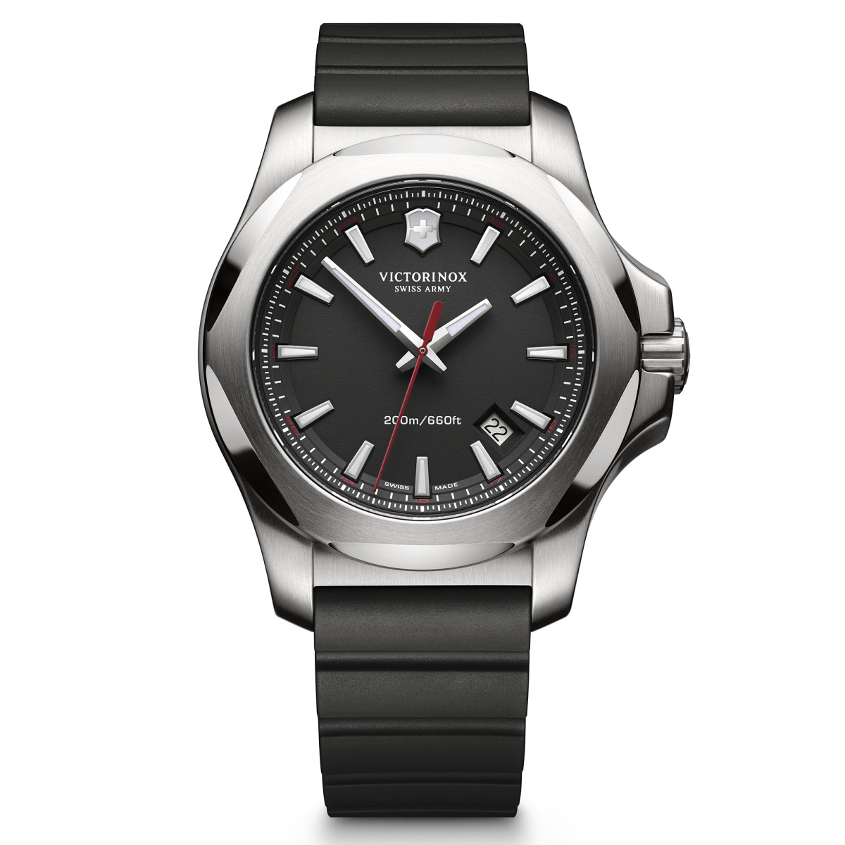 Montre Homme Victorinox I.N.O.X., boîtier acier inoxydable, bracelet caoutchouc noir - 43 mm