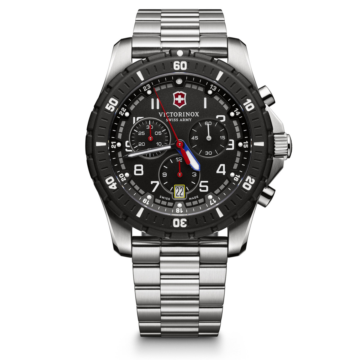Montre Homme Victorinox MAVERICK Sport Chronograph, synthetic bezel, black dial bracelet - 43 mm Montre Homme Victorinox MAVERICK Sport Chronograph, lunette synthétique, cadran noir - 43 mm