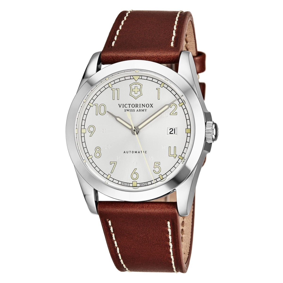 Montre Homme Victorinox INFANTRY Mechanical, silver white dial, brown leather strap - 40 mm Montre Homme Victorinox INFANTRY Mechanical, cadran blanc argenté, bracelet cuir marron - 40 mm