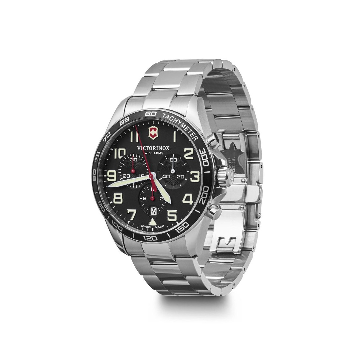 Montre Homme Victorinox FIELDFORCE Chronograph, boîtier acier inoxydable, bracelet acier inoxydable Montre Homme Victorinox FIELDFORCE Chronograph, cadran noir, bracelet acier inoxydable - 42 mm