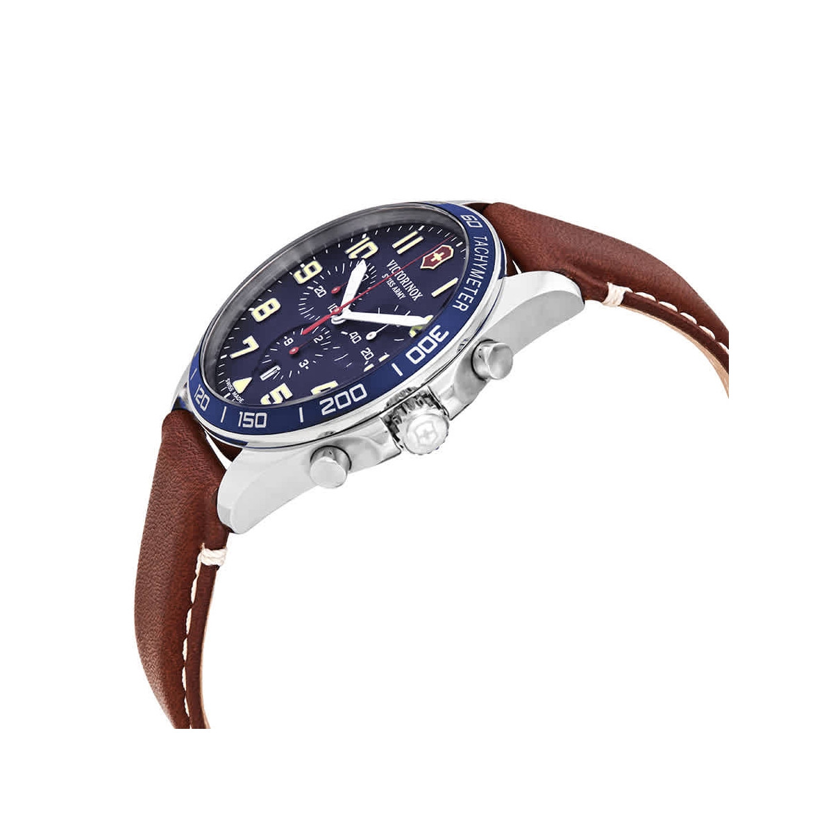 Montre Homme Victorinox FIELDFORCE Chronograph, cadran bleu, bracelet cuir marron - 42 mm