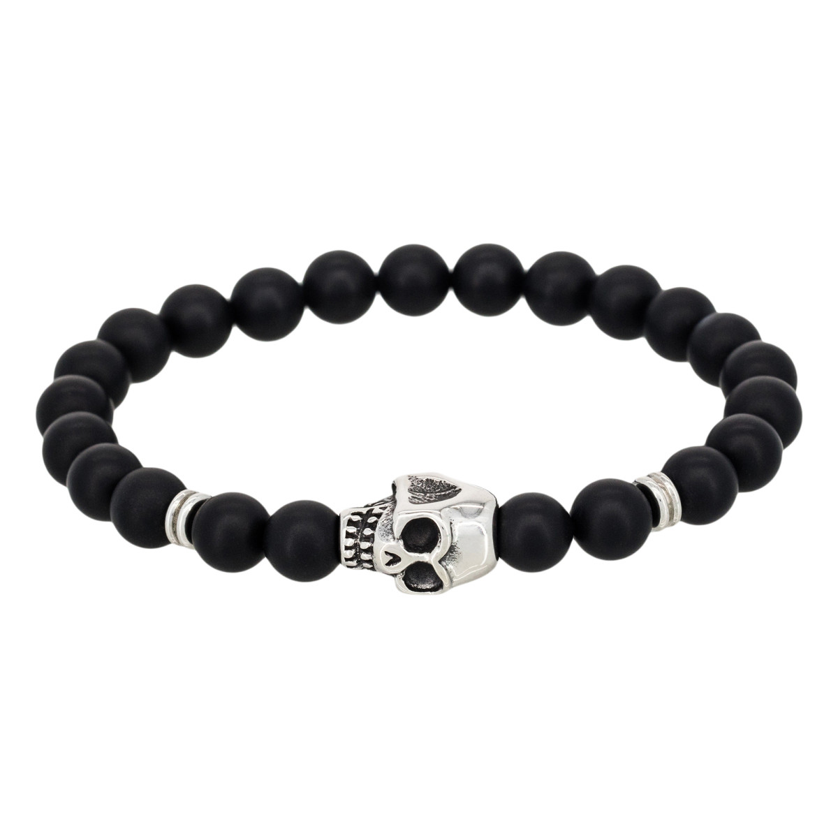 Bracelet Homme élastiqué acier tête de mort et pierres noires "DARK SIDE" Bracelet Homme de perles noires "Ciel" Taille L