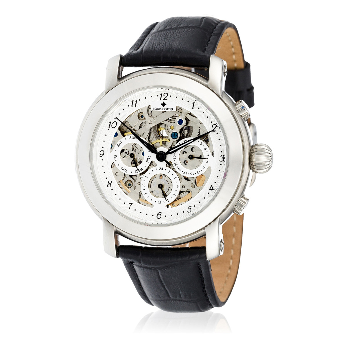 Louis Cottier - Montre Skeleton Lady Automatique Cadran Blanc - Boîtier Acier 40 mm - Bracelet Cuir Noir - Femme