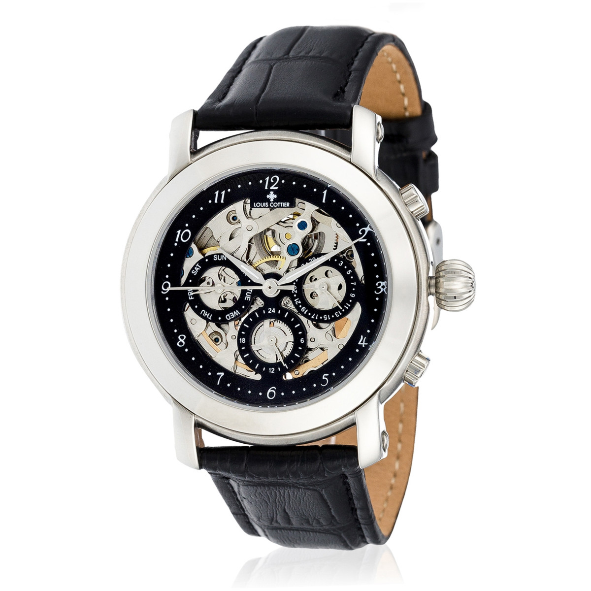 Louis Cottier - Montre Skeleton Lady Automatique Cadran Noir - Boîtier Acier 40 mm - Bracelet Cuir Noir - Femme