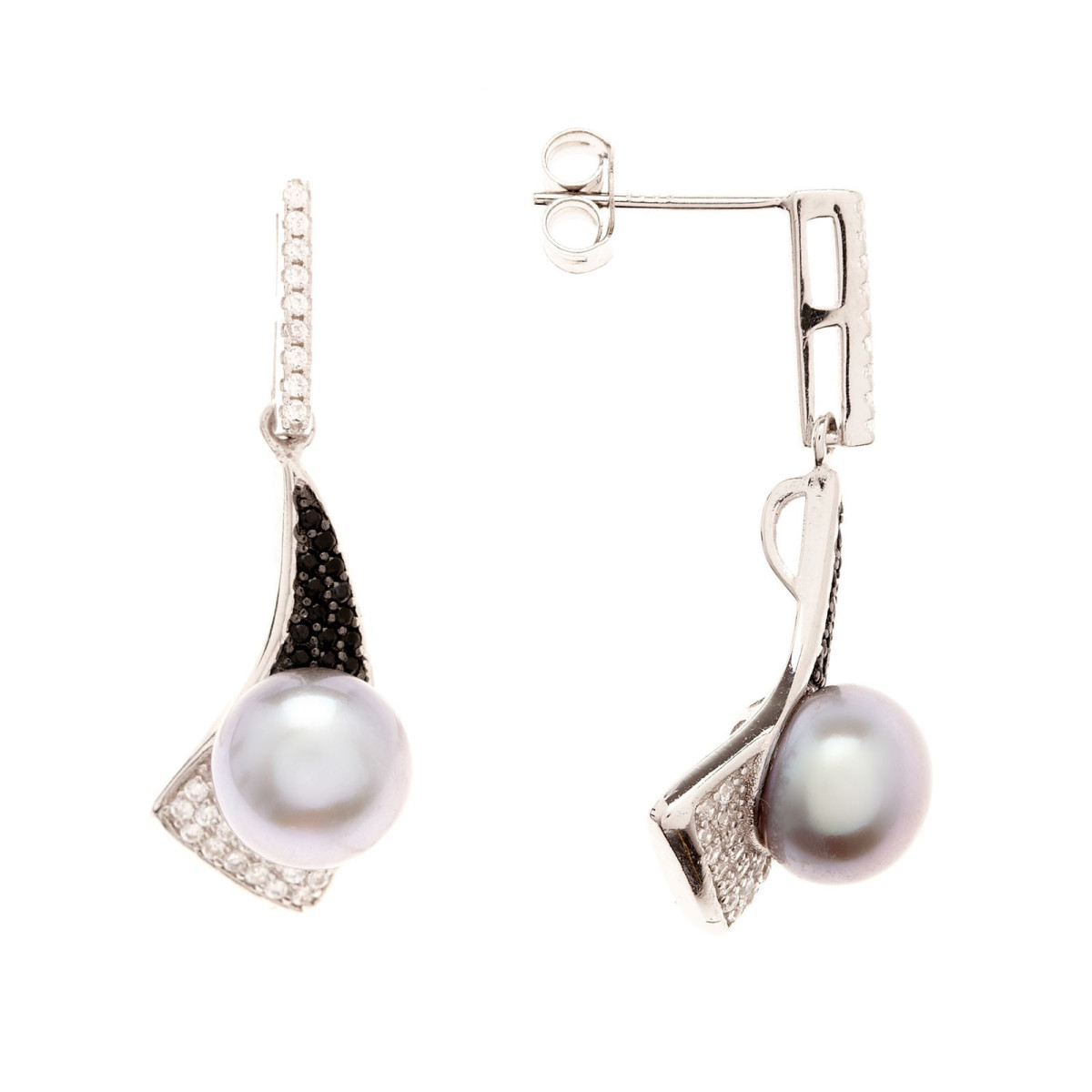 Boucles d'oreilles "Voluté" Perle Grise 8-8,5 mm, Argent 925, Zirconiums blancs Boucles d'oreilles argent, perles de cultures grises et zirconium "Voluté"