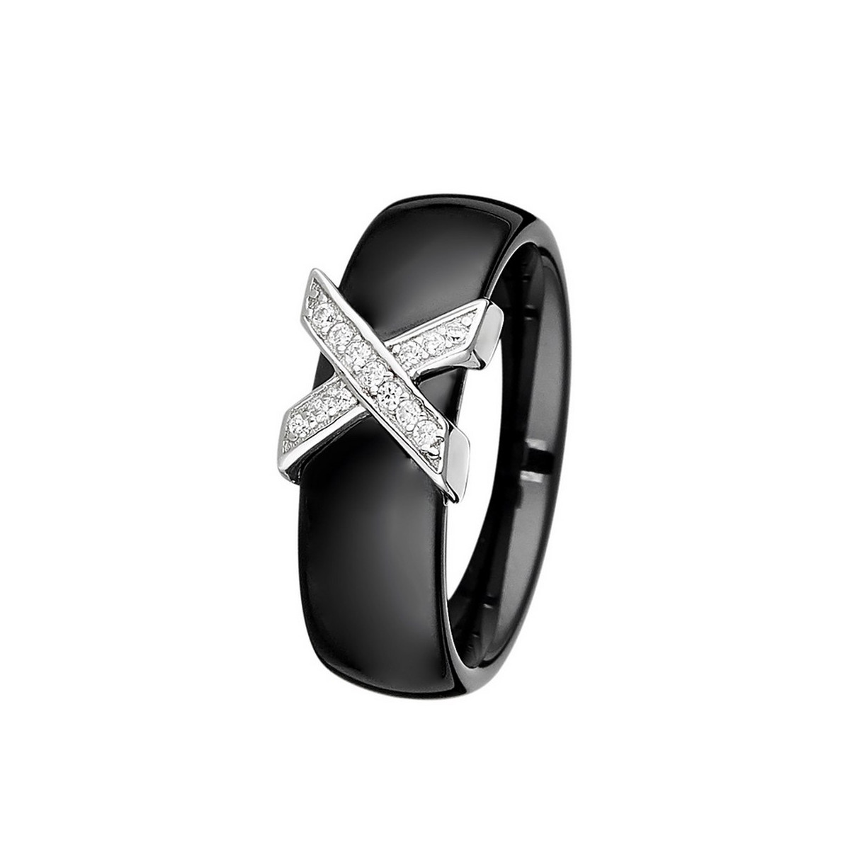 Bague céramique noire, argent et oxyde de zirconium "FUSION "