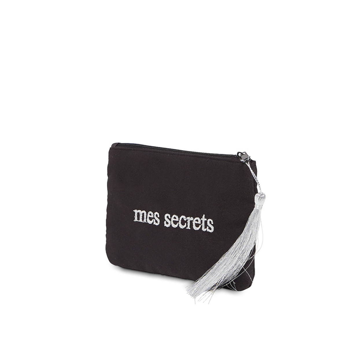 Petite pochette à message noire brodée MES SECRETS argentée Petite pochette à message noire brodée MES SECRETS argentée