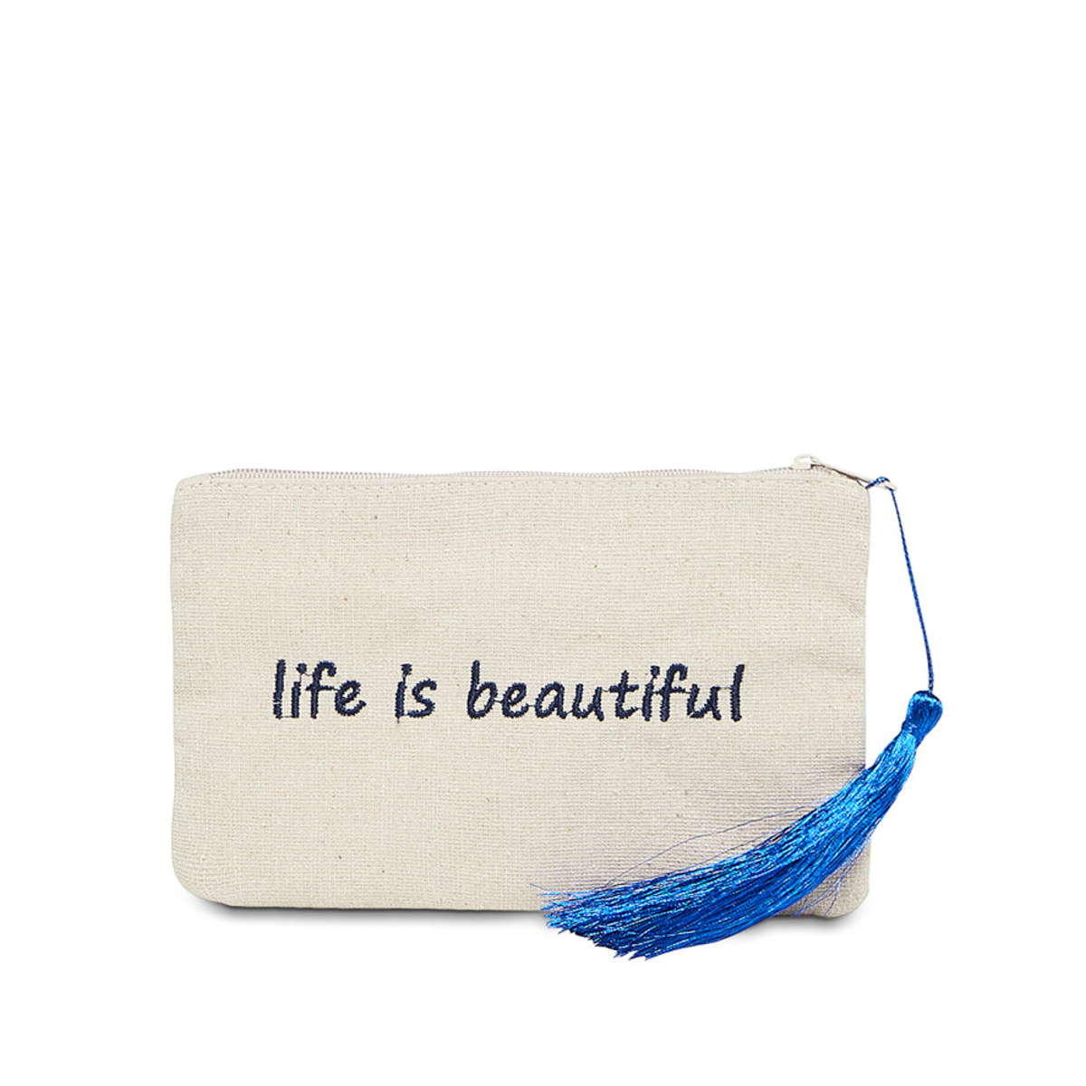 Petite pochette à message beige LIFE IS BEAUTIFUL bleue marine Petite pochette à message beige LIFE IS BEAUTIFUL bleue marine
