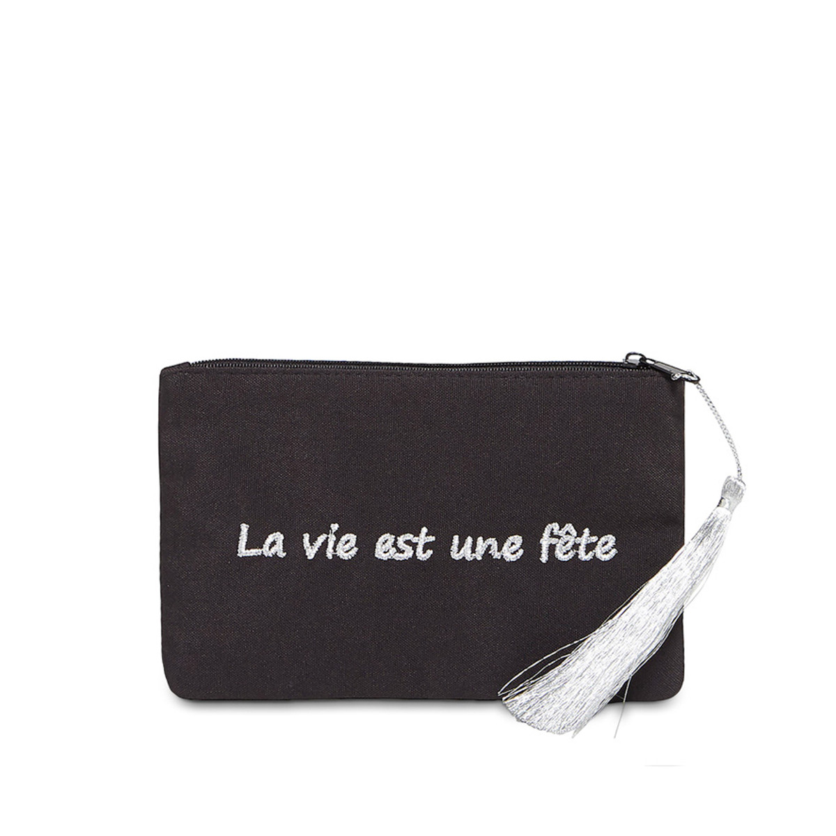 Petite pochette à message noire brodée LA VIE EST UNE FETE argenté Petite pochette à message noire brodée LA VIE EST UNE FETE argenté
