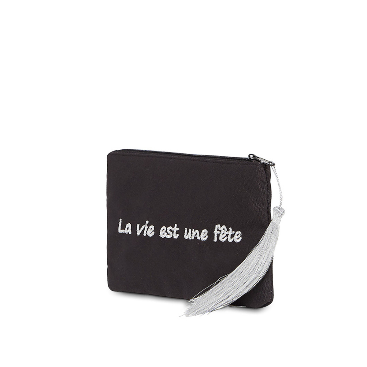 Petite pochette à message noire brodée LA VIE EST UNE FETE argenté Petite pochette à message noire brodée LA VIE EST UNE FETE argenté