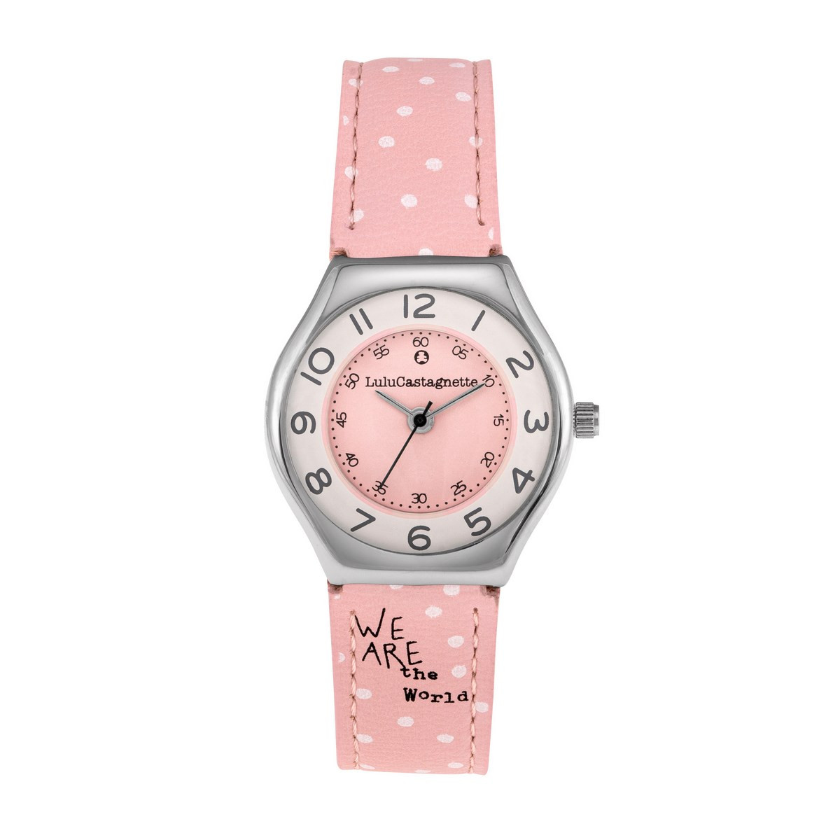 Montre Fille LuluCastagnette MINI STAR Analogique Cadran blanc et rose  Bracelet en cuir motif