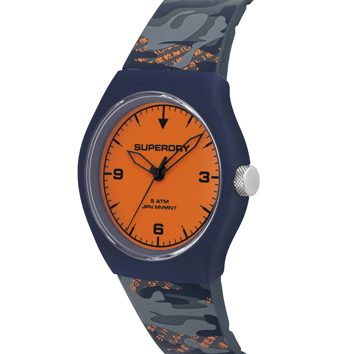 Montre Unisexe Superdry URBAN FLURO CAMO Analogique Cadran orange Bracelet en silicone à motifs Montre mixte Superdry URBAN FLURO CAMO en silicone bleu à motifs