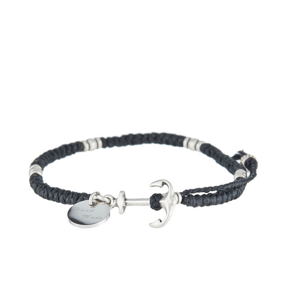 Bracelet en corde cirée, perles argenté et ancre acier