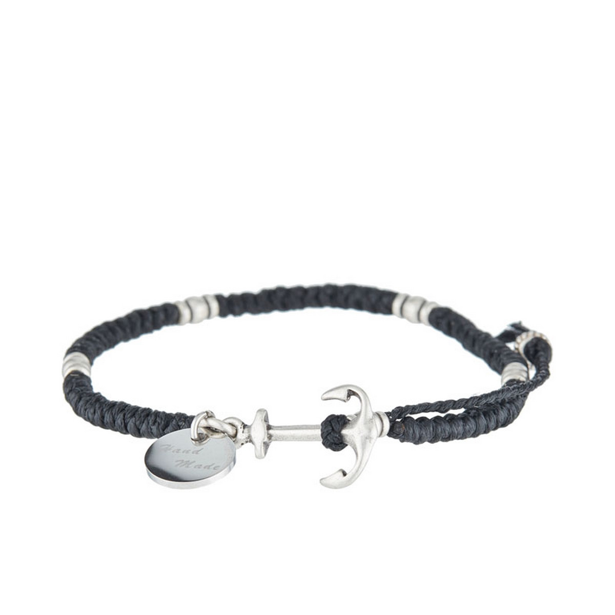 Bracelet en corde cirée, perles argenté et ancre acier Bracelet Homme en corde cirée, perles argenté et ancre acier