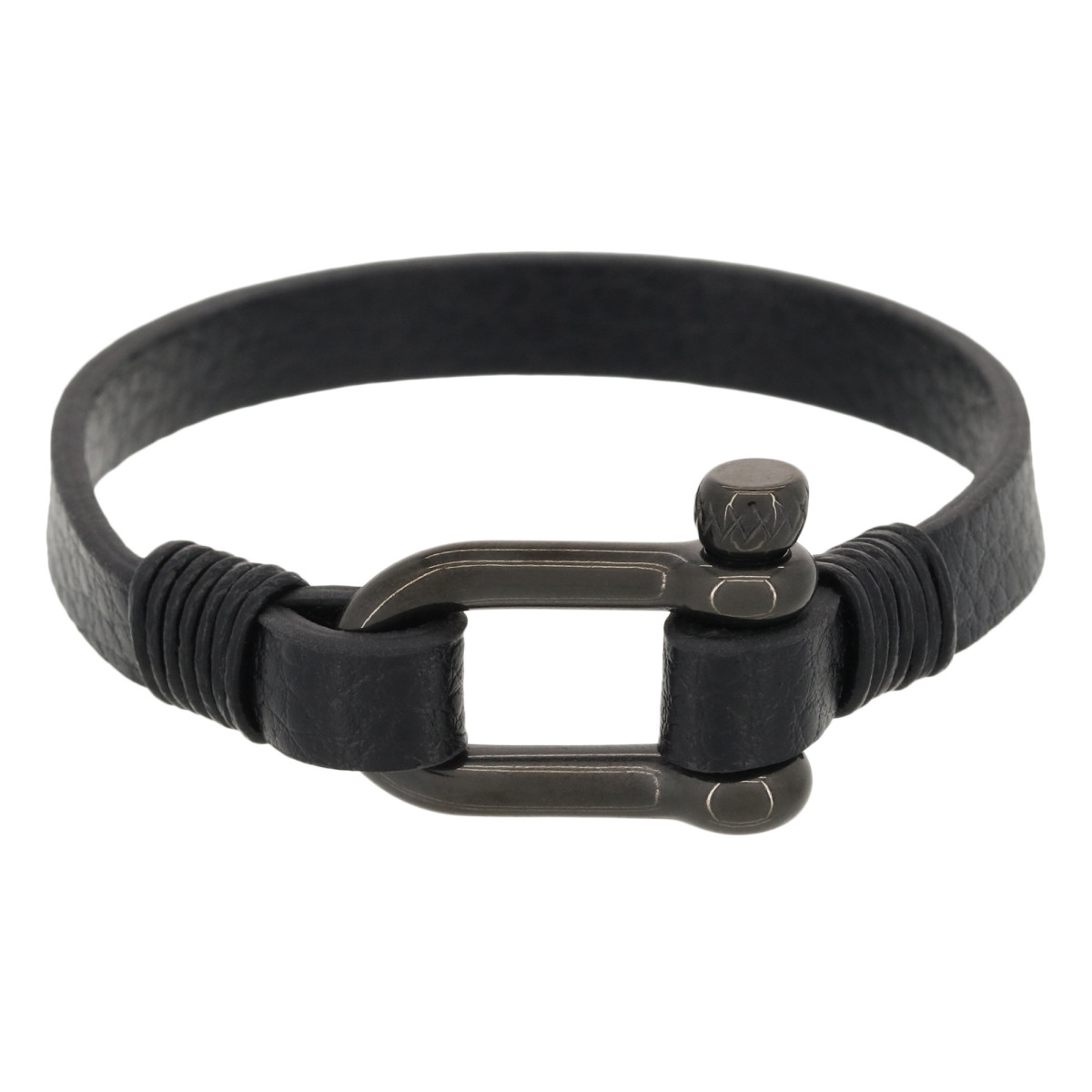 Bracelet fermoir manille lyre en cuir et acier avec détail corde Bracelet Homme en cuir et acier avec détail corde