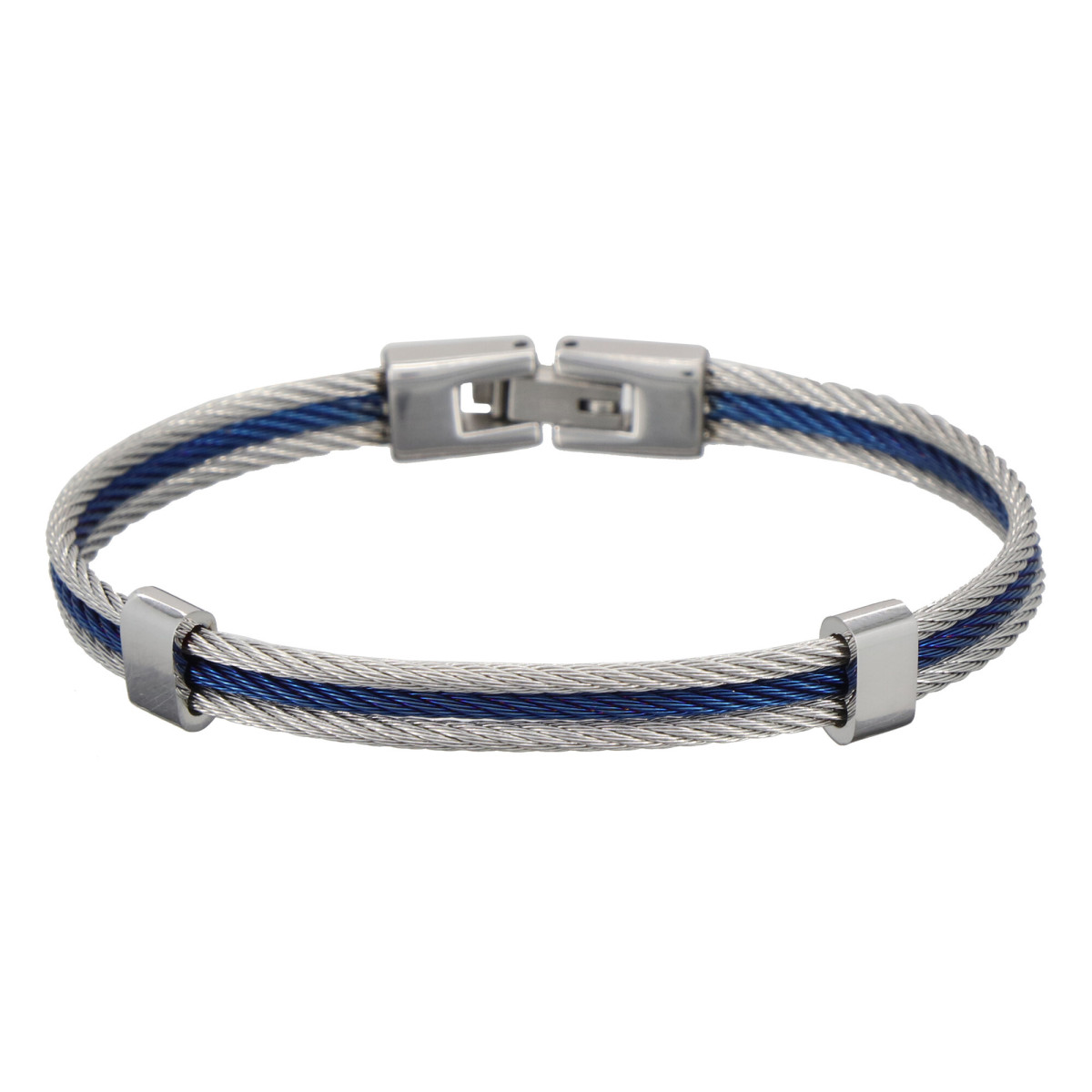 Bracelet Homme triple cable acier Bicolore Bleu et Gris "DAIKO"