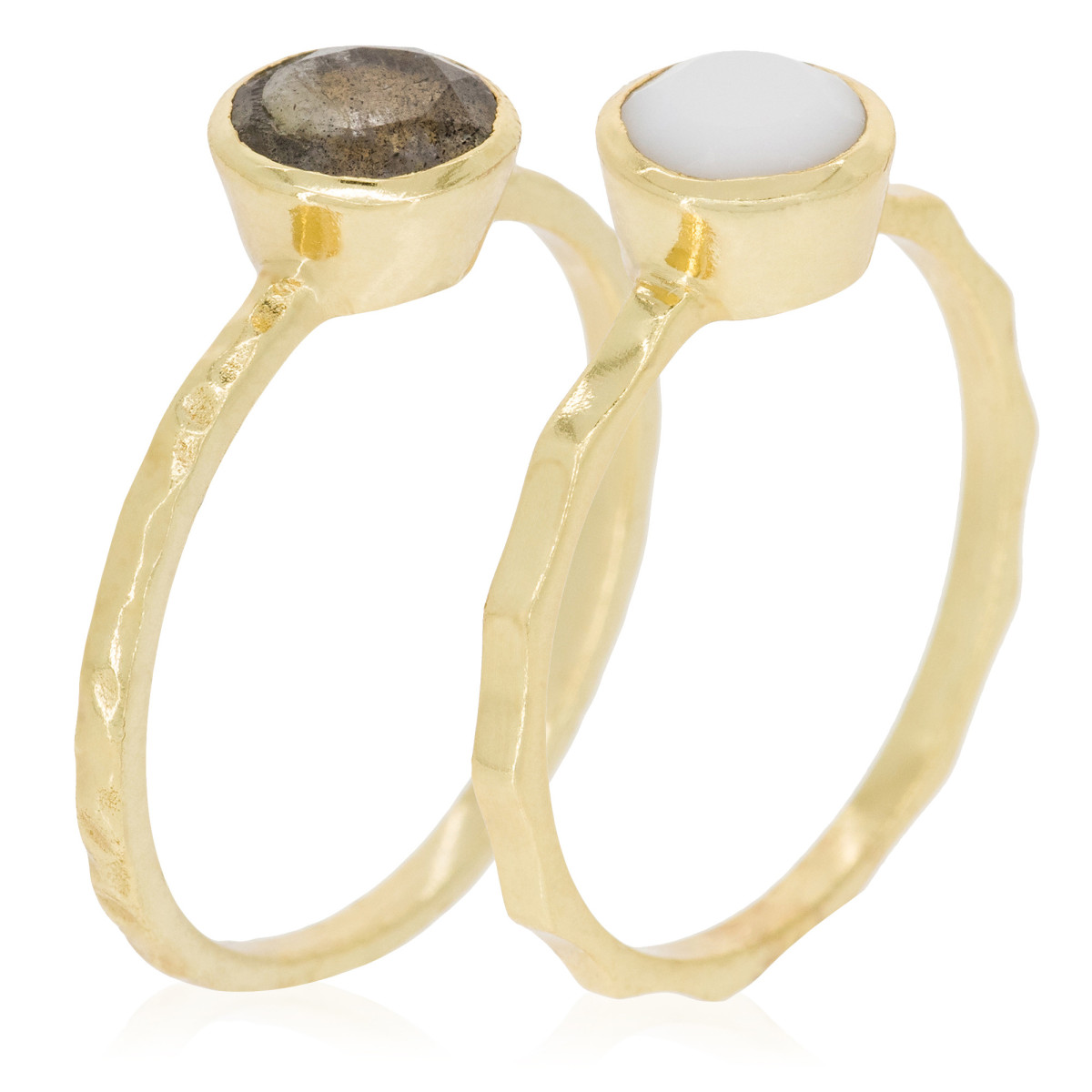 Bague Doré "Agathe" Bague "Equitante" Agate blanche Labradorite Laiton doré