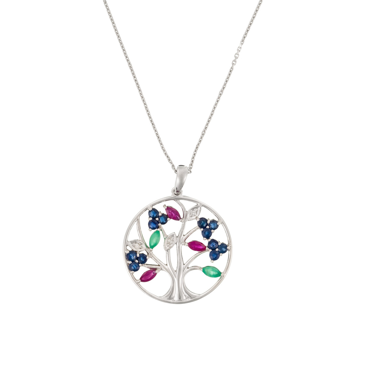 Pendentif Or Blanc Diamant et Pierre précieuses Pendentif "Arbre de vie" Or blanc et Multipierres