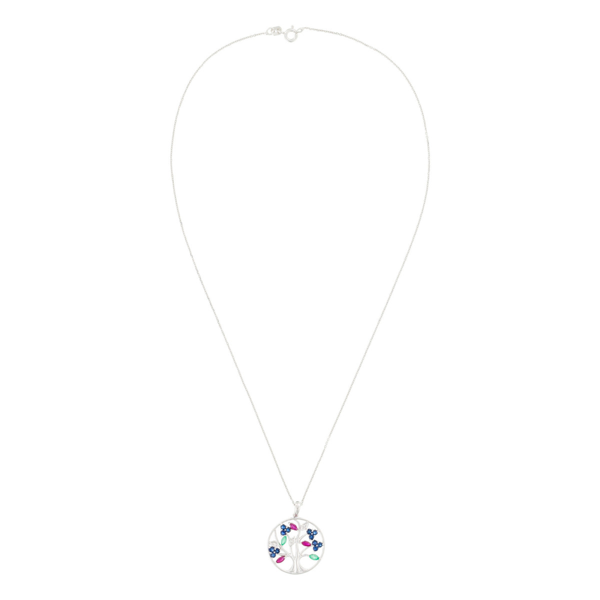 Pendentif Or Blanc Diamant et Pierre précieuses Pendentif "Arbre de vie" Or blanc et Multipierres