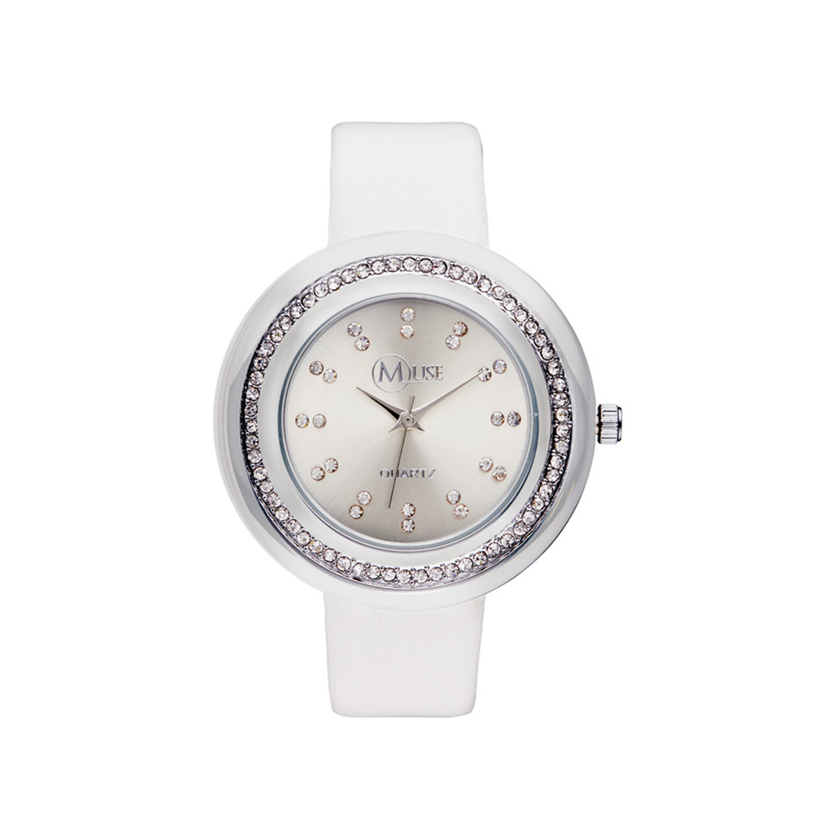 Muse - Montre Femme argenté "Mundi" - bracelet cuir blanc Muse - Montre Femme argenté "Mundi" - bracelet cuir blanc