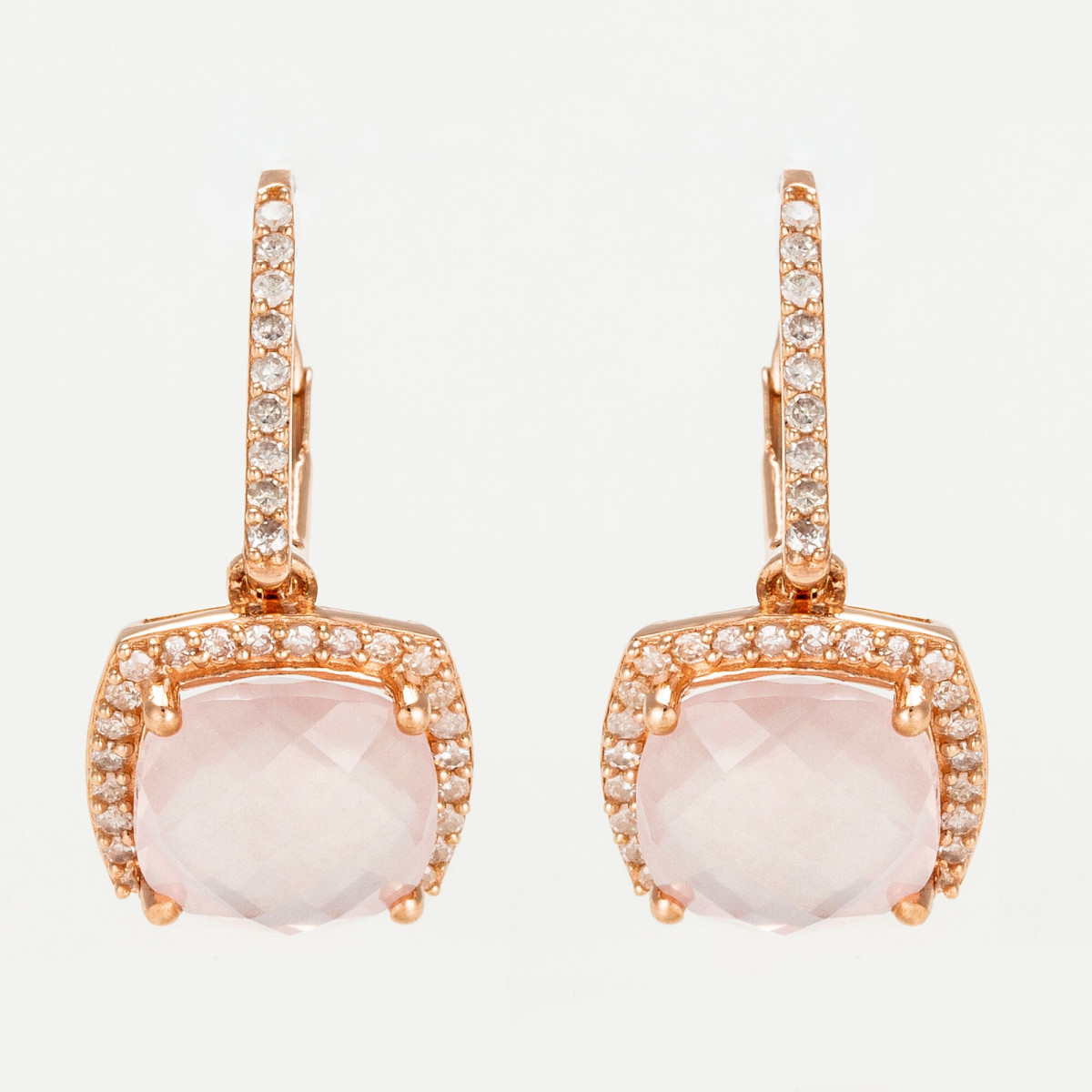 Boucles d'oreilles Or Rose Diamant et Quartz Rose Boucles d'oreilles "Augusta" Or rose et Quartz