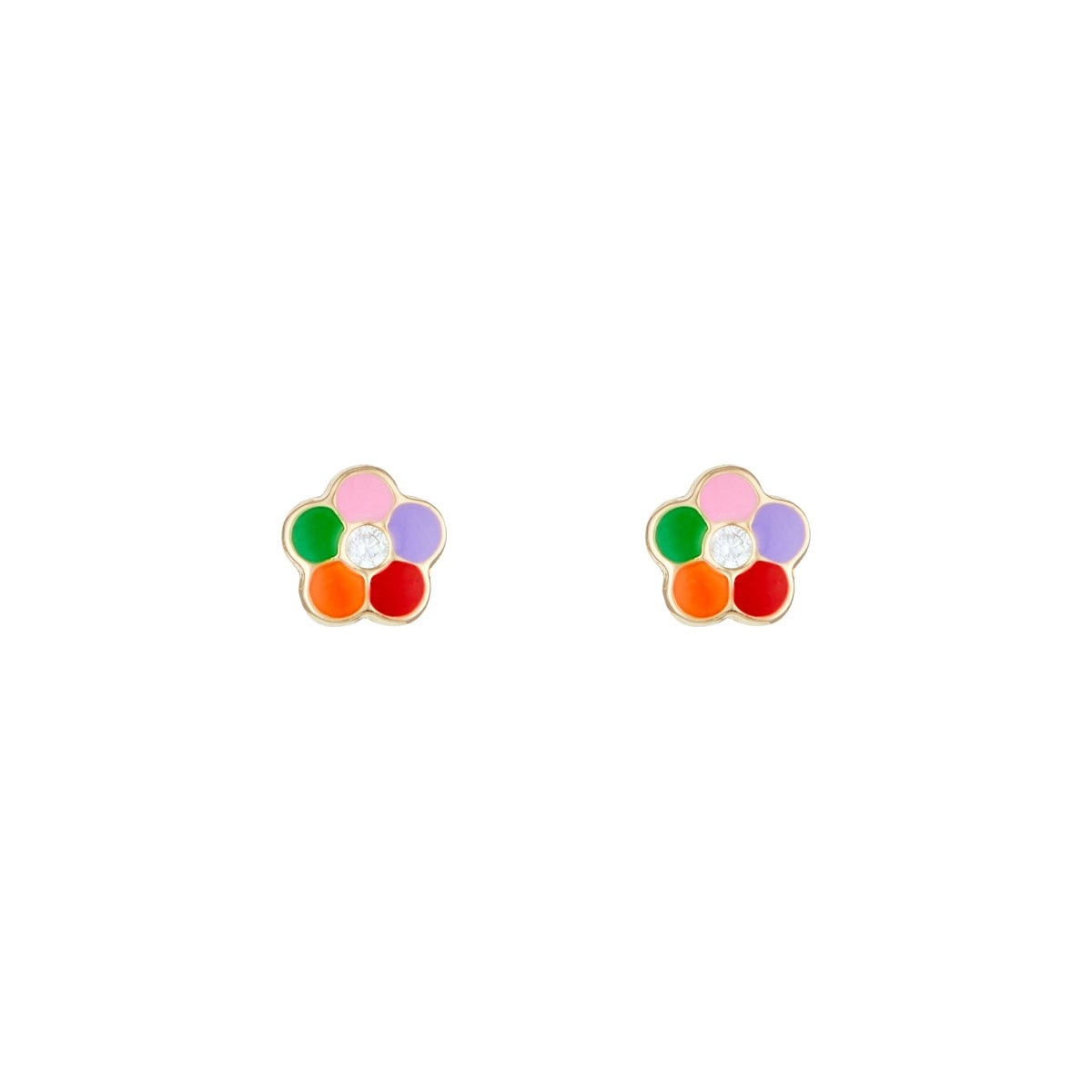 Boucles d'oreilles enfant "Fleur Multicolore" Or Jaune, émail et zirconium