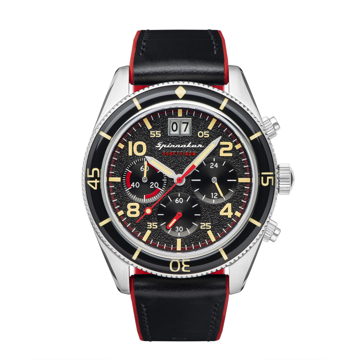 Montre Spinnaker FLEUSS Chrono - cadran noir - bracelet cuir noir et silicone rouge