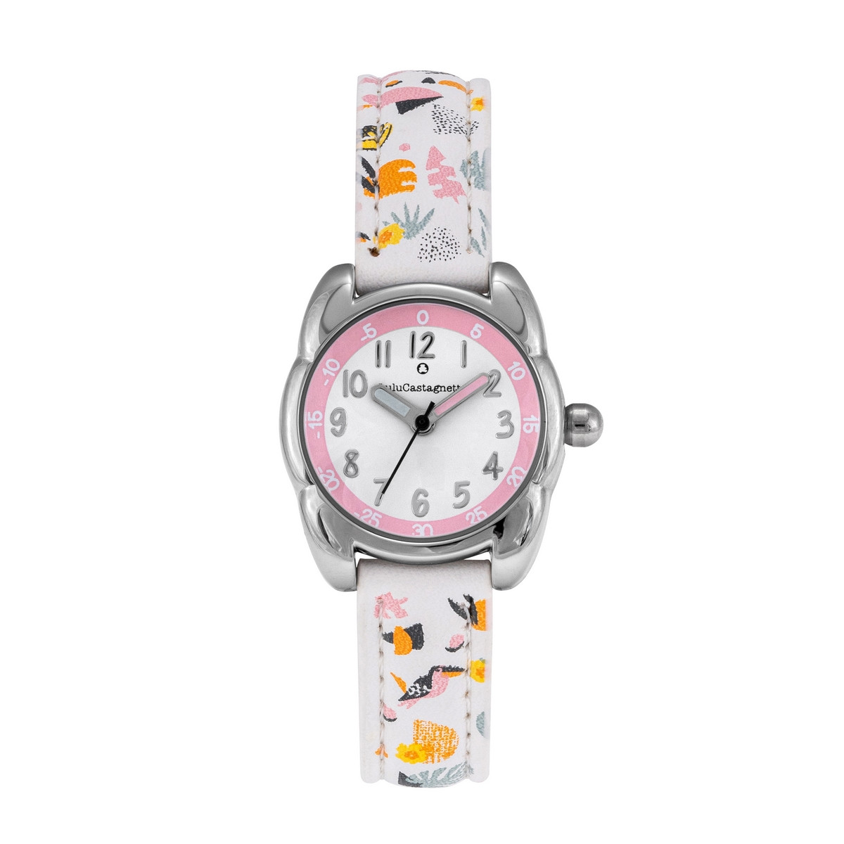 Montre Fille LuluCastagnette - cadran blanc et rose - bracelet blanc avec motifs