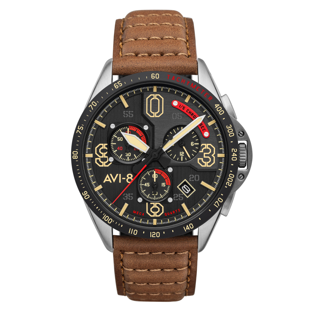 Montre AVI-8 MUSTANG méca-quartz chronographe - cadran noir - bracelet marron Montre AVI-8 P-51 Mustang - Quartz Chronographe - AV-4077-02