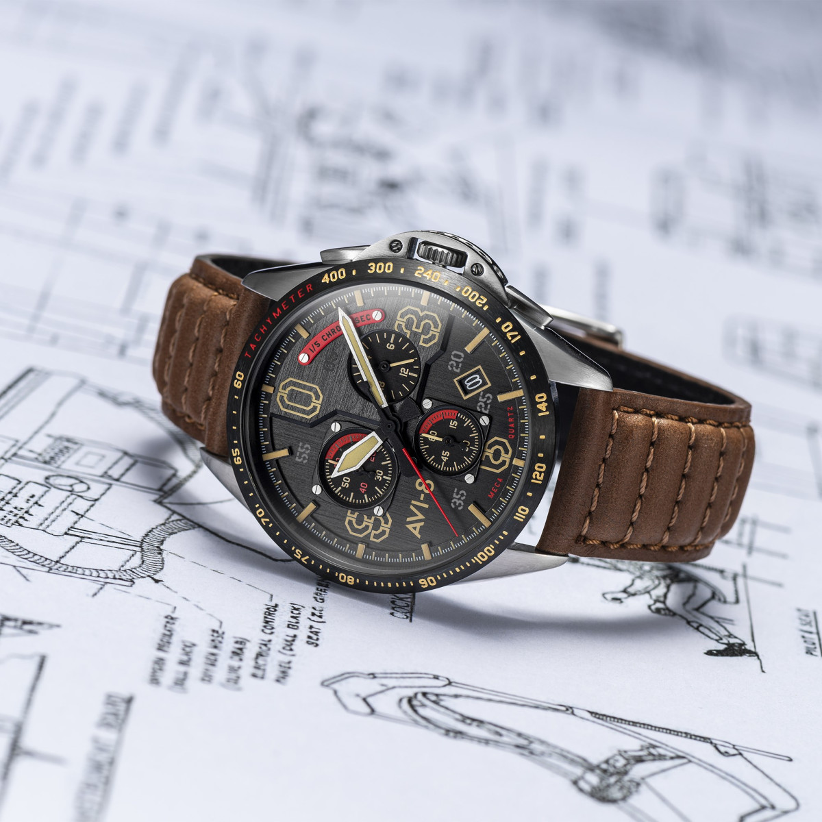 Montre AVI-8 P-51 MUSTANG méca-quartz chronographe - cadran noir - bracelet marron Montre AVI-8 P-51 Mustang - Quartz Chronographe - AV-4077-02