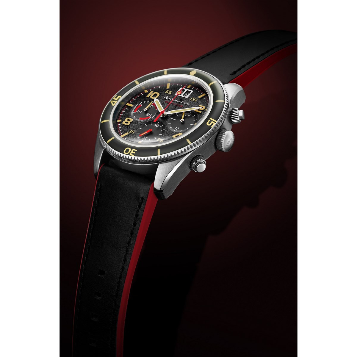 Montre Spinnaker FLEUSS Chrono - cadran noir - bracelet cuir noir et silicone rouge