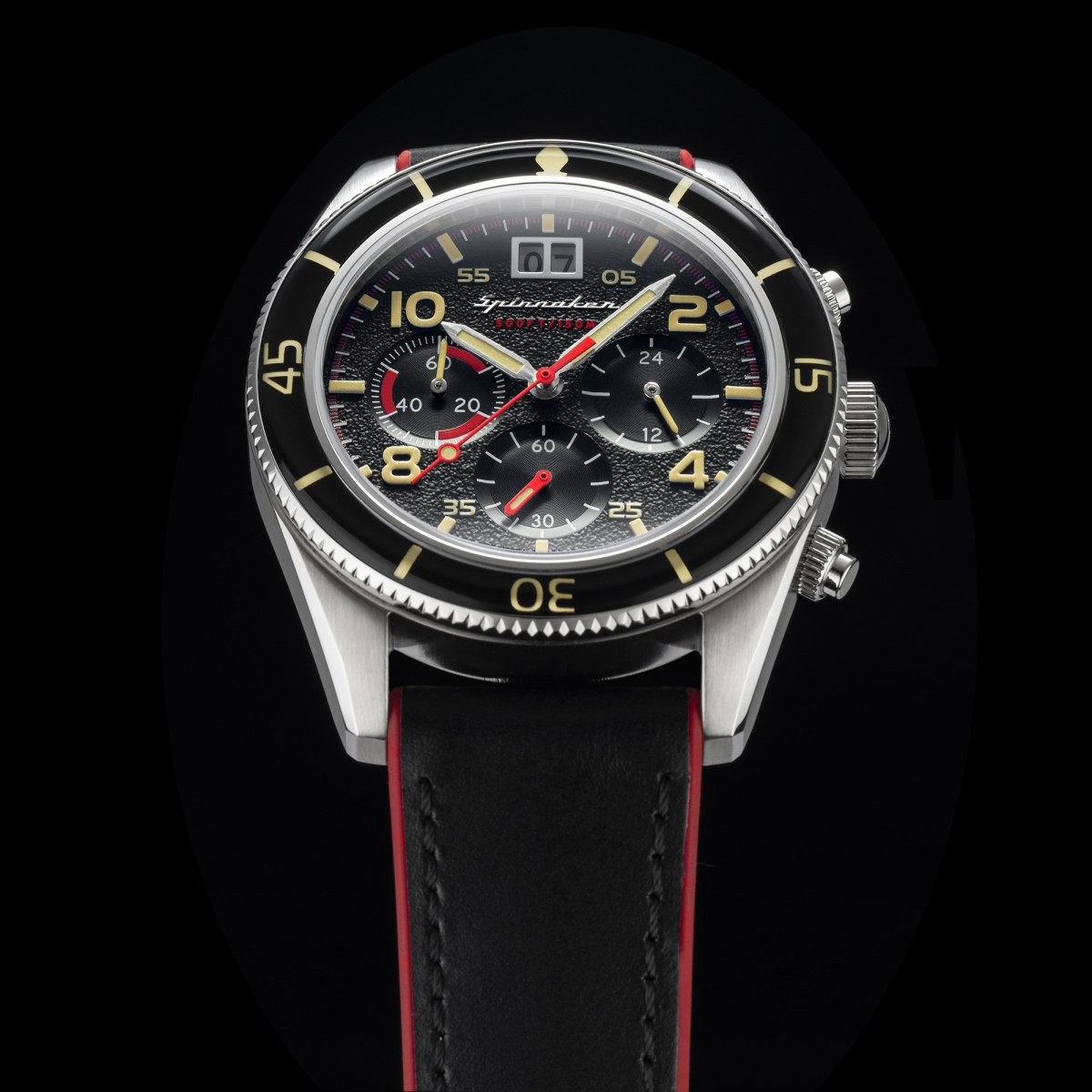 Montre Spinnaker FLEUSS Chrono - cadran noir - bracelet cuir noir et silicone rouge