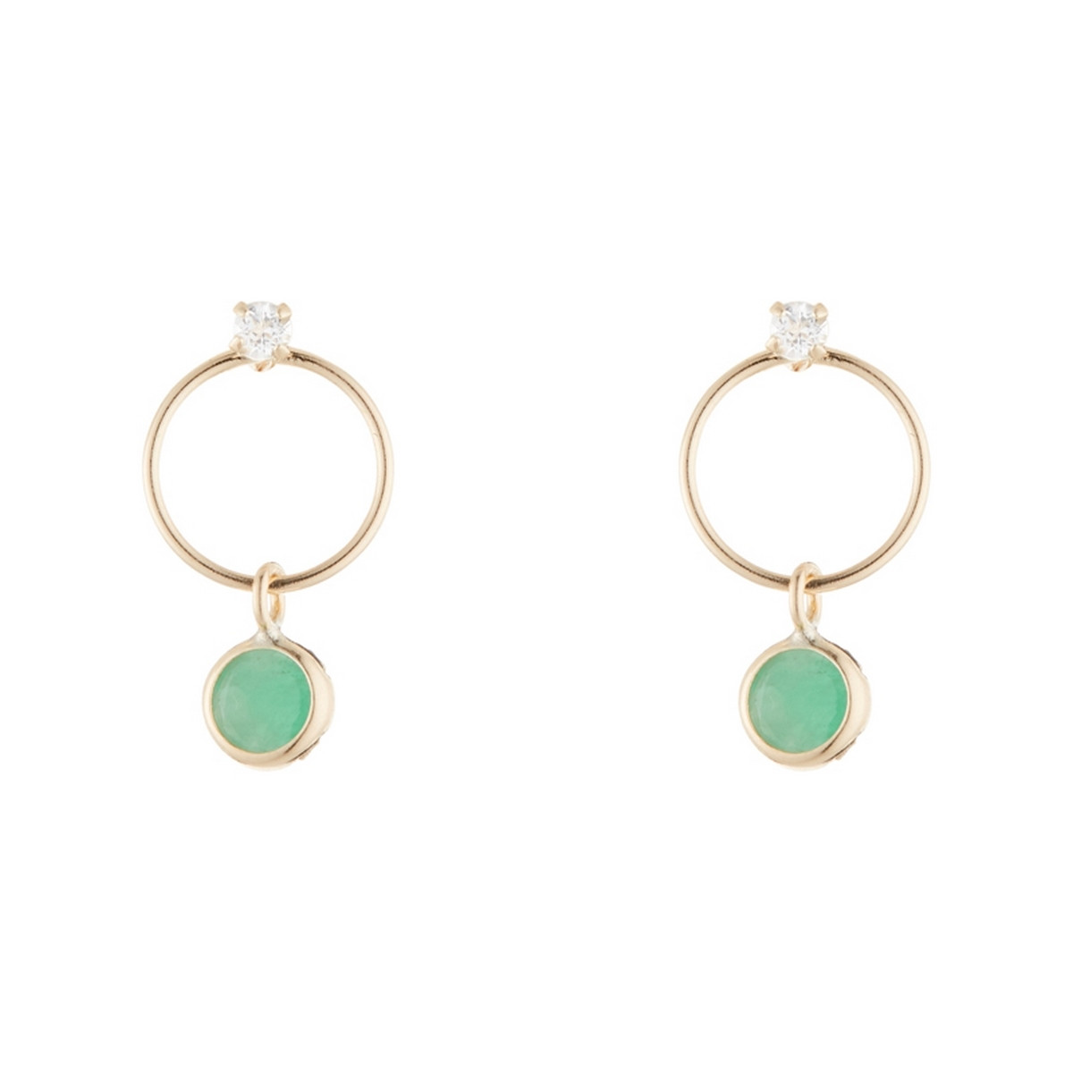 boucles d'oreilles pendantes en or jaune anneau pierre émeraude verte et blanche Boucles d'oreilles "Anattendu" Or jaune
