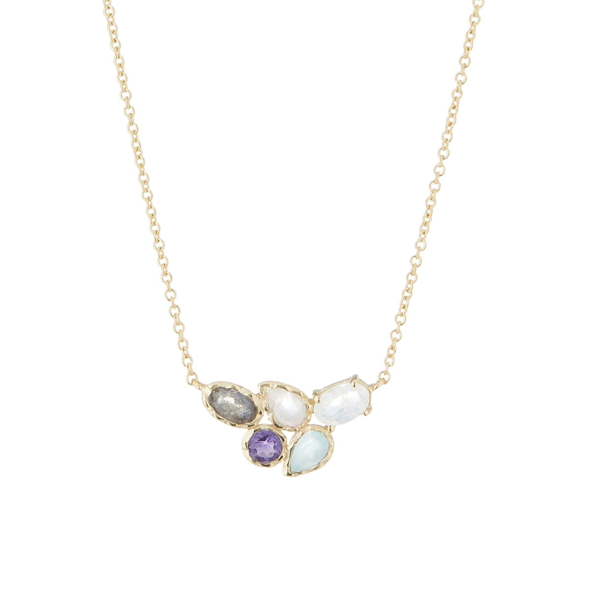 Collier "Haloe" Labradorite, Aqua-calci, Améthyste, Quartz Rose, Moonstone Laiton doré